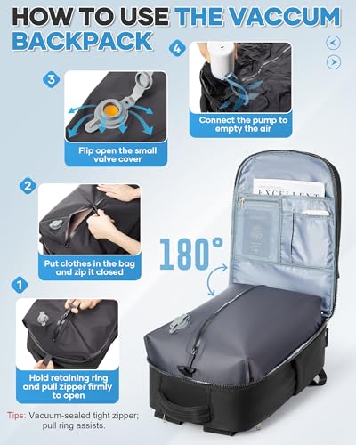 Vacuum Backpack Travel Backpack with vacuum system with Pumpm, Mochila de Viaje Compresion al vacio, Personal Item Carry on Bag, Black - color: C- Black
