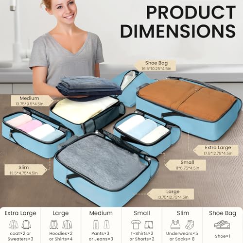 BAGAIL 4 Set/6 Set/8 Set Compression Packing Cubes Travel Accessories Expandable Packing Organizers (Half Mesh, 6-Dusty Blue) - color: 6-Dusty Blue, style: Half Mesh