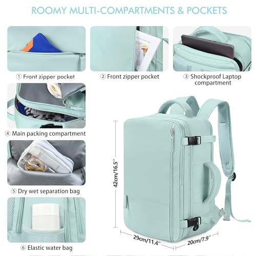 Beraliy Travel Backpack for Women, Airline Approved Bag, 16 inch Laptop Waterproof Hiking Backpack, Casual College Daypack, Weekender Bag, Mint Green - color: Mint Green, size: Large