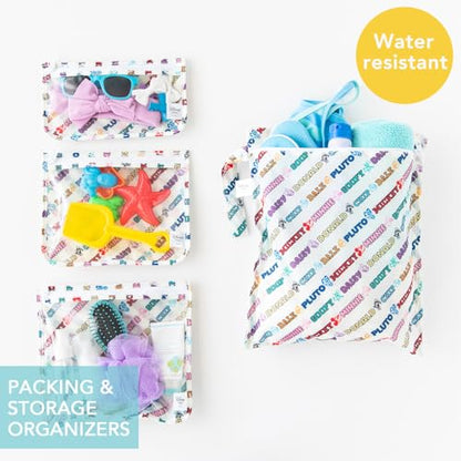 Bumkins - Waterproof Wet Bag & Clear Travel Bags - For Beach, Baby, Travel, Swim Suit, Cloth Diapers, Pump Parts, Pool, Gym, Toiletries - Reusable & Easy to Clean - Mickey and Friends White - 4 Pack - color: D1 Mickey Varsity-4