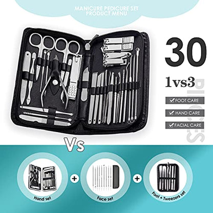 WOAMA Manicure Set 30 In 1 Nail Clipper Set Nail Kit For Women Men Stainless Steel Manicure Kit Professional with Travel Case - color: Silver