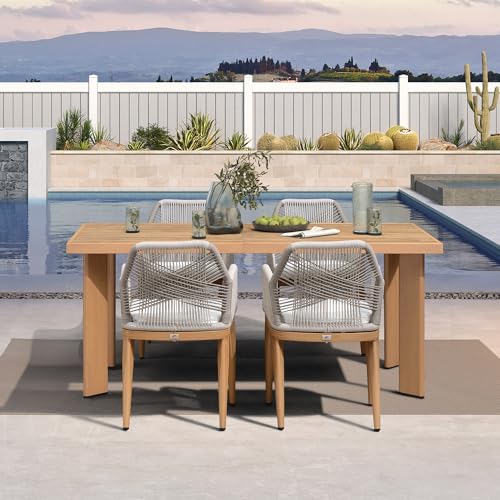 PURPLE LEAF 5 Pieces Patio Dining Set Aluminum Modern Rectangular Table and Rattan Arm Chairs with Cushions for Kitchen Porch Garden Outdoor Furniture Sets, Teak - color: Teak-high Armrest, size: 5 PCS, style: Rectangular