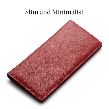 Bveyzi Ultra Slim Thin Leather RFID Blocking Credit Card Holder Bifold Clutch Wallets for Women - color: Wine Red