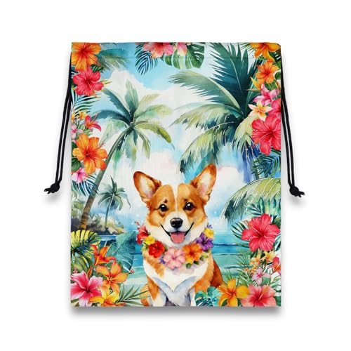 Tropical Corgi Gymnastics Grip Bags Hawaiian Floral Small String Bag for Gym - color: Palm Corgi-multi, size: 12"(H)*9.25"(W)