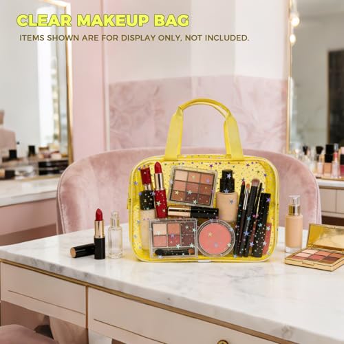 Clear Yellow Star Large Makeup Bag with Star Pattern 12x5x8 inch, Travel Cosmetic Bag with Handle, Durable PVC Material Washbag Zipper Opening Design for Makeup Travel Organizer or Gym Use - color: Yellow, style: Star
