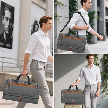 Duffle Bag for Travel, Expandable 50L Canvas Weekender Bag, Overnight Bag Travel Duffel Bag for Men Carry On Luggage with Removable Shoulder Strap, Durable & Water-Resistant - color: 1-Grey