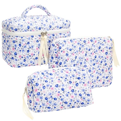 PAZIMIIK 3PCS Makeup Bag SET Large Travel Quilted Zipper Soft Cosmetic Case Pouch for Women Girls Make Up,Floral Blue - color: Floral Blue, size: 3 PCS SET