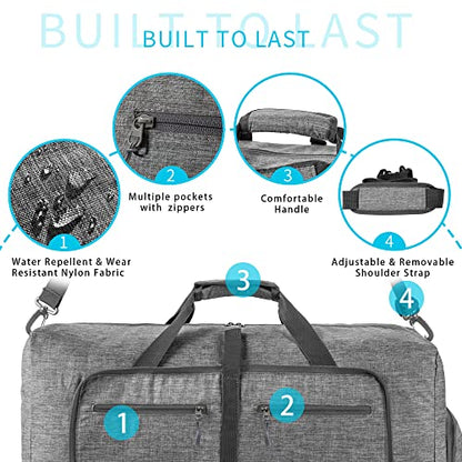 Vomgomfom 65L/85L/115L Foldable Travel Duffle Bag, Lightweight Checked Luggage with Shoe Compartment, Water-Resistant Weekender Overnight Bag for Men & Women - color: A Gray, size: 115L