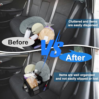 Car Seat Organizer Backseat, Car Organizer, Collapsible Small Car Seat Storage Organizer with Divide, Handles and Mesh Pockets for Front/Rear Consoles Back Seats Traveling and Storing Items