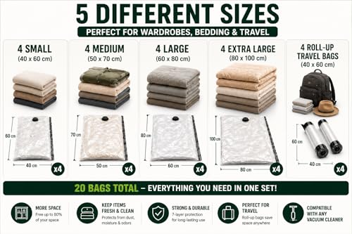 Vacuum Bags for Travel with Rechargeable Air Pump, 20 Pack Combo Size Compression Packing Bags for Luggage and Suitcase, Space Saver Vacuum Storage Bags for Clothes, Bedding, Blankets and Moving