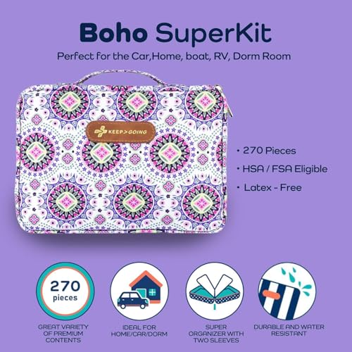 KeepGoing Large Home First Aid Kit for Kids – 270 Pc. for Car, Home, Dorm, & Boat with Latex-Free Bandages – 10 x 7 x 3.5 in. Travel First Aid Kit (Boho) - style: Boho