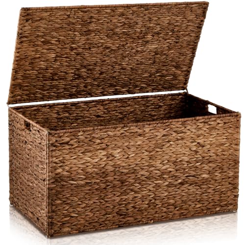 Wonderjune Water Hyacinth Wicker Storage Trunk with Metal Frame Heavy Duty Storage Chest with Lid Large Rattan Basket for Blankets Seasonal Clothes Bedding (Dark Brown,36 x 20 x 18.5'',Flat Lid) - color: Dark brown, size: 36 x 20 x 18.5'', style: Flat Lid