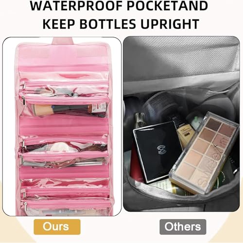 ROYALFAIR Roll Up Makeup Bag, Travel Toiletry Bag for Women with 4 Clear TSA Approved Pouches, Hanging Travel Organizer, Folding Cosmetic Bag for Men and Women - color: pink