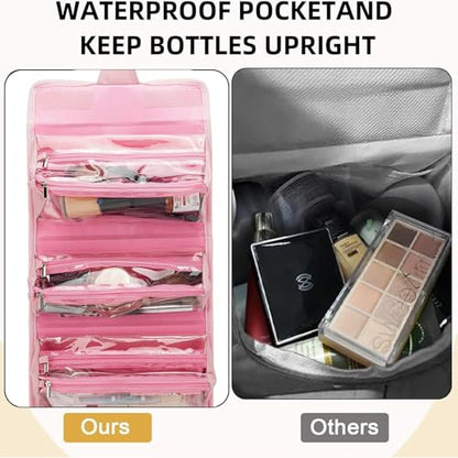 ROYALFAIR Roll Up Makeup Bag, Travel Toiletry Bag for Women with 4 Clear TSA Approved Pouches, Hanging Travel Organizer, Folding Cosmetic Bag for Men and Women - color: pink