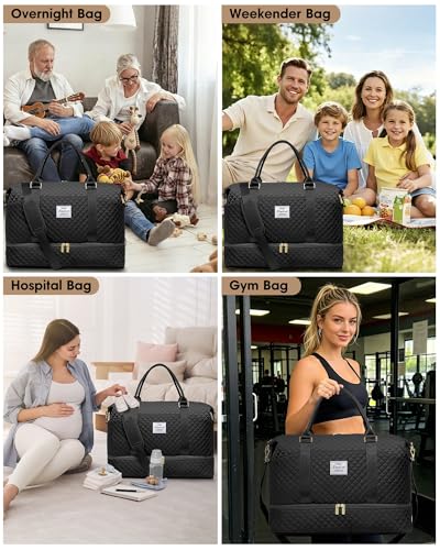 Womens Weekender Travel Overnight Bag: Carry On Bag with Shoe Compartment | Duffle Bags, Carry On Bag with Wet Pocket, Yoga Gym, Travel Bags with Toiletry Bag, Trips Hospital Bags Black - color: 1-Black, size: Large