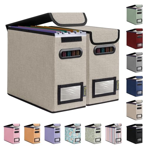 BALEINE File Organizer Box with Lid, Collapsible File Folder Organizer with Plastic Slide, Hanging File Folder Box for Office Document Storage (2 Pack, Beige, S) - color: Beige, size: 2 Pack (Slim)