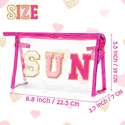 Y1tvei Preppy Patch SUN Varsity Letter Cosmetic Toiletry Bag Transparent PVC Zipper Makeup Bag Clutch Purse Portable Waterproof Travel Organizer Compliant Bag for Women Girls Teens(Rose Red) - color: Rose red SUN Rose Red