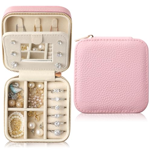 Genuine Leather Travel Jewelry Case Organizer with Mirror for Women, Small Jewelry Box Portable Mini Jewelry Case for Earring, Ring, Necklace, Bracelet（Lychee Grain Pink Purple） - color: Lychee Grain Leather Pink Purple