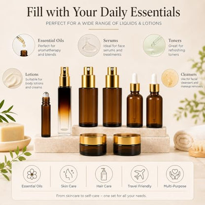 18Pack Avoid Light Glass Travel Bottles for Toiletries, TSA Approved Travel Skincare Containers with Label, BPA Free Leak Proof,Golden-Brown - color: Golden-brown glass