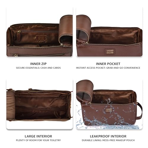 LEATHER VILLAGE Genuine Carbon Fiber Genuine Leather Travel Toiletry Bag - Large Dopp Kit, Water-Resistance Bathroom & Shaving Organizer for Men & Women - Brown - color: Carbon Brown
