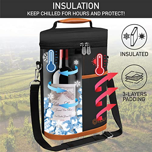 opux 2 Bottle Wine Carrier Tote, Insulated Leakproof Wine Cooler Bag, Wine Travel Bag Tote for Picnic BYOB Beach, Portable Wine Bottle Carrying Case, Gift for Wine Lover Women Men Christmas, Brown - color: Brown