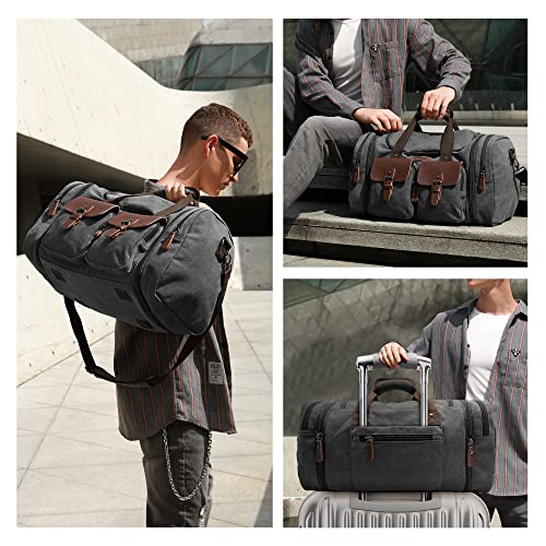 Wildroad 60L Travel Duffel Bag, Expandable Canvas Genuine Leather Duffle Bag Upgraded Overnight Weekender Bag Carry on Bag - color: Black, size: X Large-60L Duffle Bag