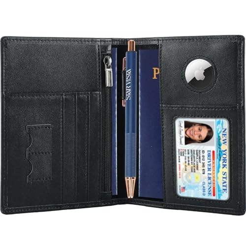 STAR VISTA Phoenix Leather Passport Holder, Calfskin Travel Wallet - RFID Blocking, ID Window, Zipper Pocket, Pen & Notebook Included, AirTag Holder, Black - color: Black Calfskin AirTag