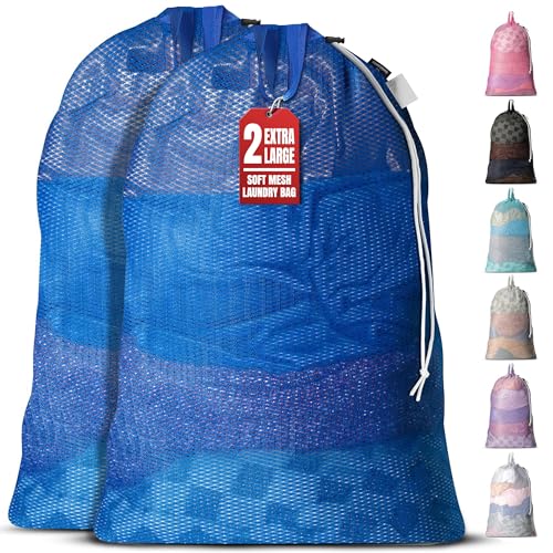 Handy Laundry Mesh Laundry Bags 24 x 36 Inches, 2-Pack - Extra Large Heavy Duty Bag with Handles & Shoulder Strap, Breathable, Machine Washable for Dorm, Travel, Bedding & Storage - Blue - color: Blue, size: 2-Pack