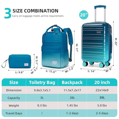 LARVENDER Carry on Luggage 22x14x9 Airline Approved Hardshell Suitcase with Wheels TSA Lock, PC+ABS Lightweight Suitcase Set for Women with Travel Backpack, Ocean Breeze, 3 Piece Set - color: Ocean Breeze-20BP, size: 3 Piece Set (Backpack/TB/20)