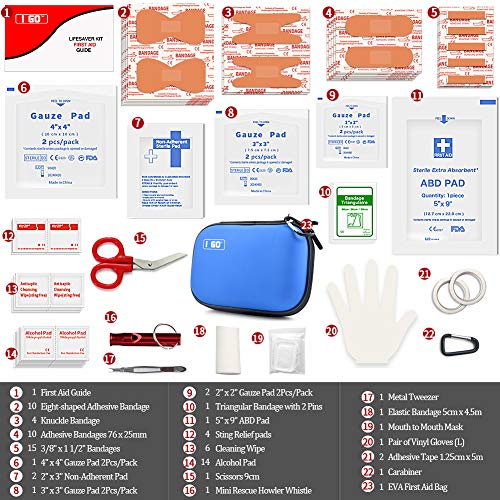 I GO 85 Pieces Hard Shell Mini Compact First Aid Kit, Small Personal Emergency Survival Kit for Travel Hiking Camping Backpacking Hunting Marine Car - color: Blue