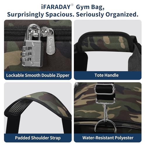 iFARADAY Men's Gym Bag with Shoe Compartment, 24 inch, Camo | 52L, Multi Pockets, Sport Duffle Bag, Travel, Fitness & Workout - color: Camouflage