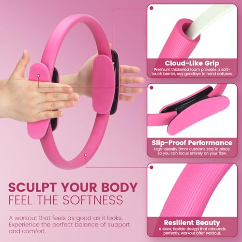 Pilates Kit for Women 13PCS, Pilates Ring and Ball Set with Magic Circle, Resistance Bands Set, Figure 8 Band, Yoga Ring & Grip Socks, Home Workout Equipment Essentials Starter Kit for Beginners - color: Pink