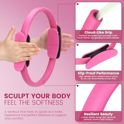 Pilates Kit for Women 13PCS, Pilates Ring and Ball Set with Magic Circle, Resistance Bands Set, Figure 8 Band, Yoga Ring & Grip Socks, Home Workout Equipment Essentials Starter Kit for Beginners - color: Pink