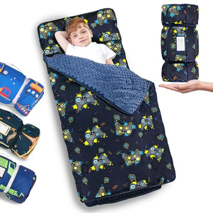 Primlect Thickened Toddler Nap Mat with Removable Pillow and Minky Blanket, Extra Large 55''x35'' Sleeping Bag, Washable, Roll up, Perfect for Daycare, Preschool, Kindergarten, Boys and Girls - color: Blue Traffic Upgraded