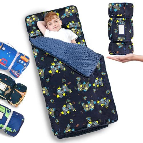 Primlect Thickened Toddler Nap Mat with Removable Pillow and Minky Blanket, Extra Large 55''x35'' Sleeping Bag, Washable, Roll up, Perfect for Daycare, Preschool, Kindergarten, Boys and Girls - color: Blue Traffic Upgraded