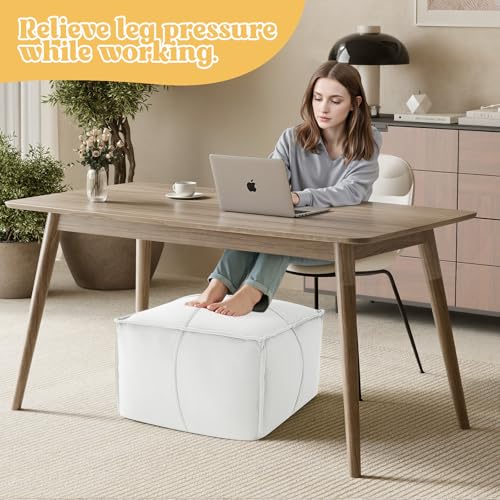 MeMoreCool Stuffed Round Pouf Ottoman Foot Rest, Floor Pouf Foot Stool with Soft Foam Chunk Filling, Small Round Ottoman Footstool Circle Footrest for Living Room - color: Piping Off-white