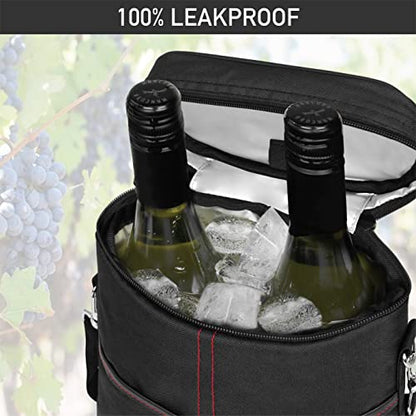 opux 2 Bottle Wine Carrier Tote, Insulated Leakproof Wine Cooler Bag, Wine Travel Bag Tote for Picnic BYOB Beach, Portable Wine Bottle Carrying Case, Gift for Wine Lover Women Men Christmas, Black - color: Black