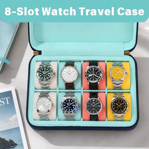 Leather Watch Roll for 8 Watches - Velvet-Lined Travel Case, Luxury Watch Rolls Organizer with Storage & Display for Men (8 Slot-Pool Party Blue) - color: 8 Slot-Pool Party Blue