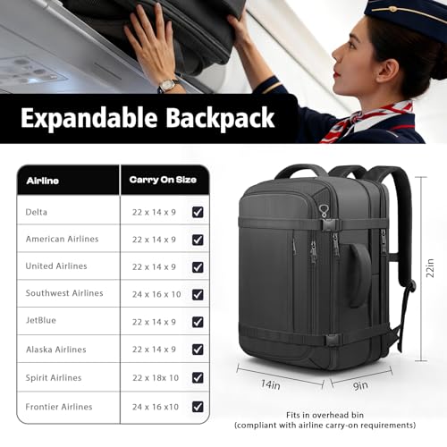 Roomy Carry On Backpack, Expandable Large Capacity Travel Backpack 1-7 Days with LifetimeWarranty,Fits18.4" Laptop,Water Resistant Anti Theft Carry on Laptop Backpack for Men Women,Flight Travel,Black - color: Black, size: 18.4inch (22"x14"x9")