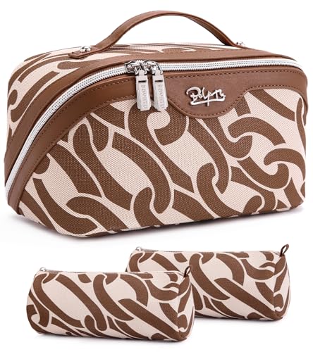 BOYATU Travel Makeup Bag for Women: Large Capacity 3-Piece Cosmetic & Toiletry Organizer - Expands Storage by 50% with 2 Detachable Pouches,Opens Flat for Easy Packing,Waterproof PU Leather(Brown) - color: A-6-Brown