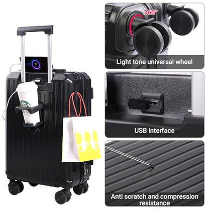 Carry-on Luggage with Cup Holder & USB Charging Port, Hard Side Luggage with Spinner Wheels, Lightweight Luggage for Travel, Business (Black, Carry-On 20-Inch) - color: Black
