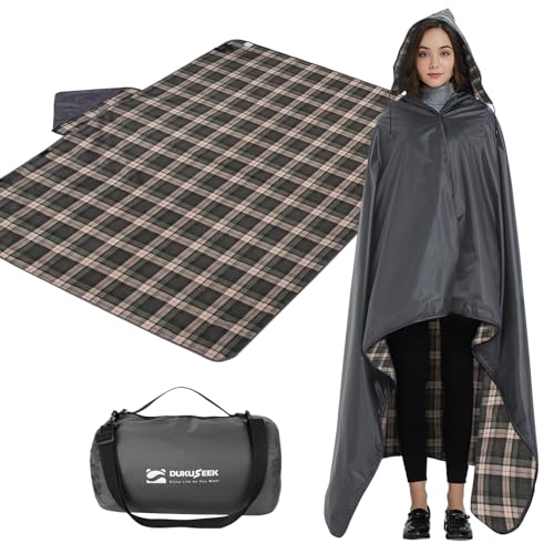 DUKUSEEK Stadium Blanket for Outdoor Sports, Waterproof Hooded Blankets, Windproof Warm Fleece Blankets for Camping Stadium, Beach, Picnic, Concerts, Car, Dog, 79x58 - color: Black-blue-plaid