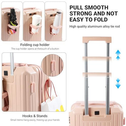 Carry-on Luggage with Cup Holder & USB Charging Port, Hard Side Luggage with Spinner Wheels, Lightweight Luggage for Travel, Business (Pink, Carry-On 20-Inch) - color: Pink