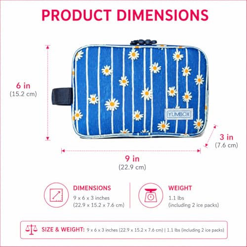 Yumbox Chill Snack Bags with 2 Removable Gel Ice Packs, Flexible Cooling, Insulated Lunch Bag, Wipe Clean fabric, Lined, Zipper Closure, Buckle Strap, Daisy Print - color: Daisies