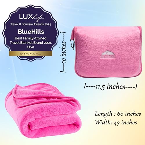 BlueHills Premium Soft Travel Blanket Pillow Airplane Blanket Packed in Soft Bag Pillowcase with Hand Luggage Belt and Backpack Clip, Compact Pack Large 2 in 1 Combo for Any Travel (Pink T004) - color: Pink-1pk-t004