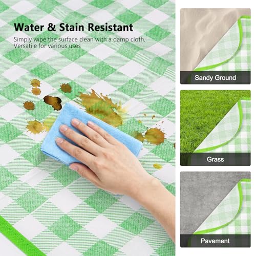 TENOC Small Picnic Blanket 1 Pack for Hiking & Camping, Ultra-Light Foldable Sit Pad for One Person, Waterproof Portable Single Seat Mat for Park, Backpacking & Stadium, Green Grid, 19"x19"