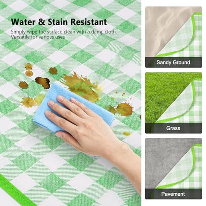TENOC Small Picnic Blanket 1 Pack for Hiking & Camping, Ultra-Light Foldable Sit Pad for One Person, Waterproof Portable Single Seat Mat for Park, Backpacking & Stadium, Green Grid, 19"x19"
