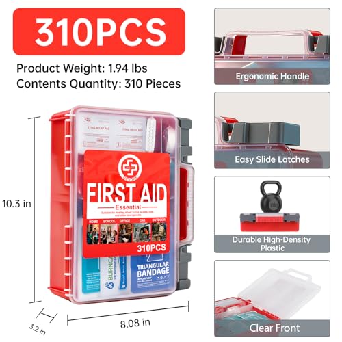 Gevoke Professional First Aid Kit - 310 Piece HardCase Medical Kit for Home, Car, Camping, Travel, Hiking, Truck, Office, Sports, Vehicle & Outdoor Emergencies - size: Large