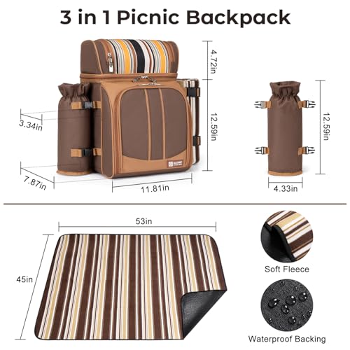 ALLCAMP Picnic Backpack - Insulated Cooler Bag with Compartment, Detachable Wine Glass Holder, Throw Blanket & Cutlery Set,2 Person Picnic Set for Family Outings, Couple Gifts (Brown) - color: Brown, size: 2 person
