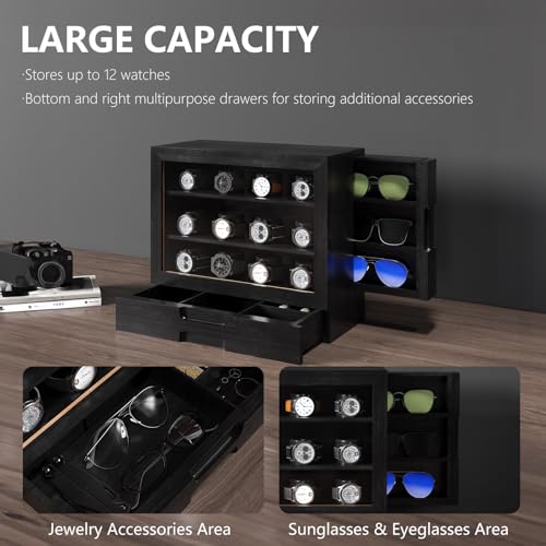 AUTOARK Wooden Watch Sunglass Display Case,12 Watch Box with Jewelry Drawer,Watch Eyeglass Holder with Window,Vertical Storage,Gift Idea,Black,AW-184 - color: Black